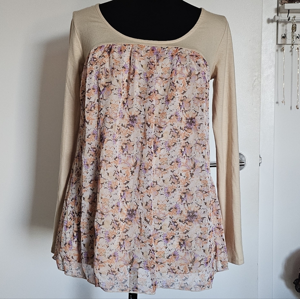 Rienda Gyaru Floral Beige Long Sleeve Babydoll Layered Top